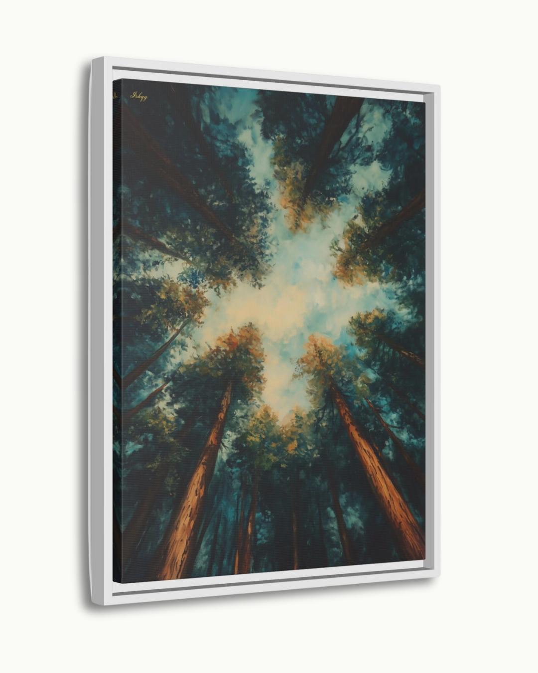 Redwood Forest Canopy Painting, California Nature Landscape Wall Art, Tranquil Tree Perspective Canvas for Living Room, Bedroom, or Office Decor