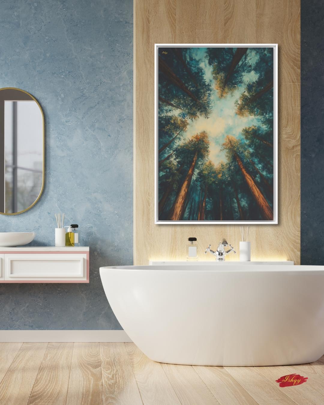 Redwood Forest Canopy Painting, California Nature Landscape Wall Art, Tranquil Tree Perspective Canvas for Living Room, Bedroom, or Office Decor