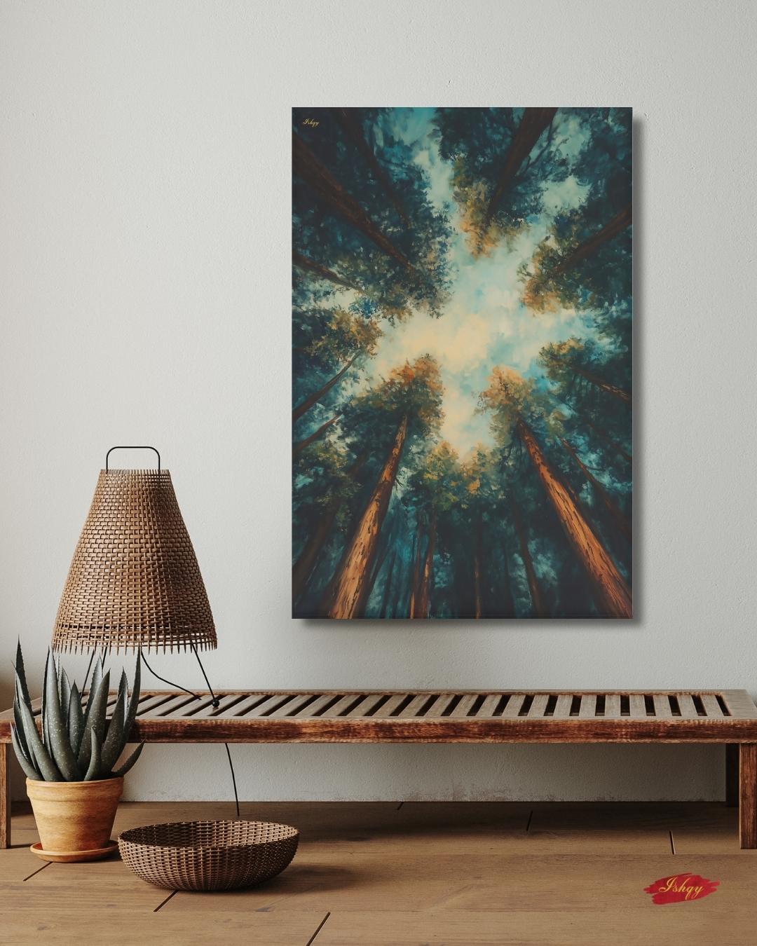 Redwood Forest Canopy Painting, California Nature Landscape Wall Art, Tranquil Tree Perspective Canvas for Living Room, Bedroom, or Office Decor