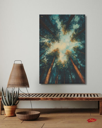 Redwood Forest Canopy Painting, California Nature Landscape Wall Art, Tranquil Tree Perspective Canvas for Living Room, Bedroom, or Office Decor