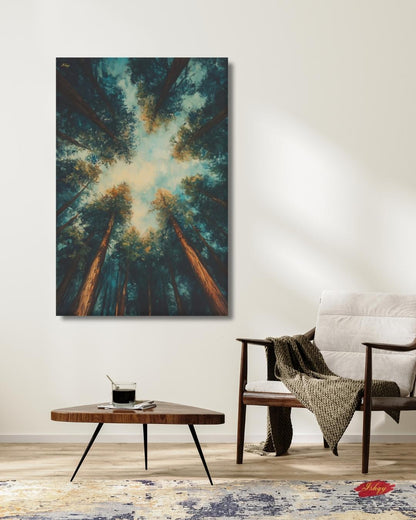 Redwood Forest Canopy Painting, California Nature Landscape Wall Art, Tranquil Tree Perspective Canvas for Living Room, Bedroom, or Office Decor