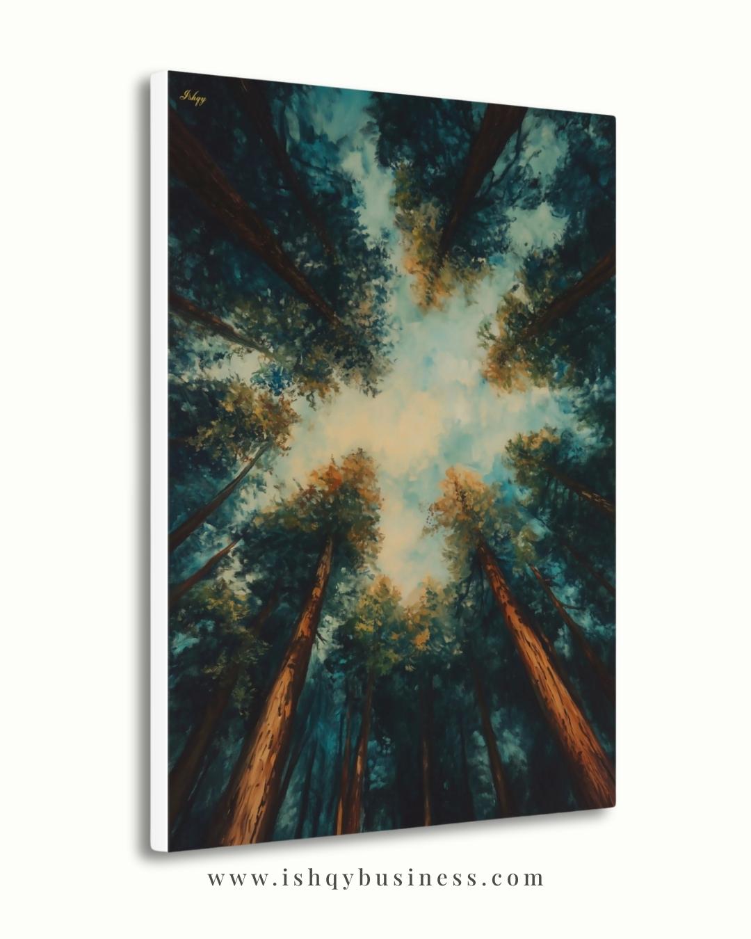 Redwood Forest Canopy Painting, California Nature Landscape Wall Art, Tranquil Tree Perspective Canvas for Living Room, Bedroom, or Office Decor