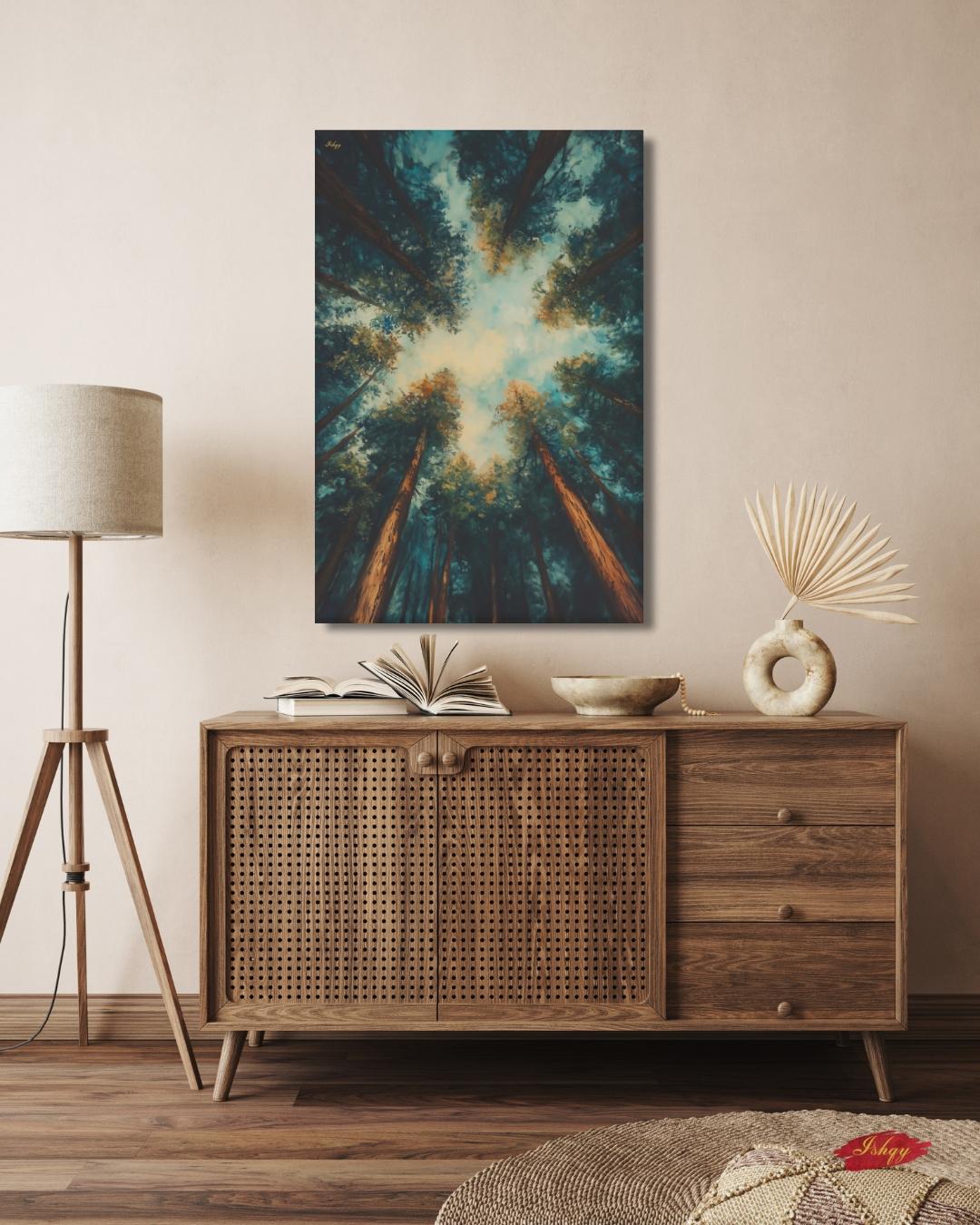 Redwood Forest Canopy Painting, California Nature Landscape Wall Art, Tranquil Tree Perspective Canvas for Living Room, Bedroom, or Office Decor