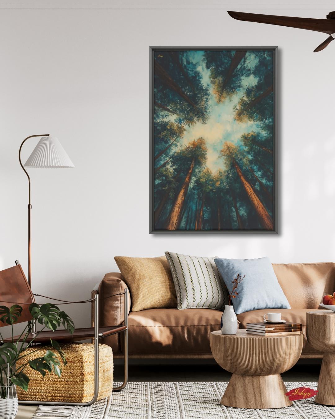 Redwood Forest Canopy Painting, California Nature Landscape Wall Art, Tranquil Tree Perspective Canvas for Living Room, Bedroom, or Office Decor