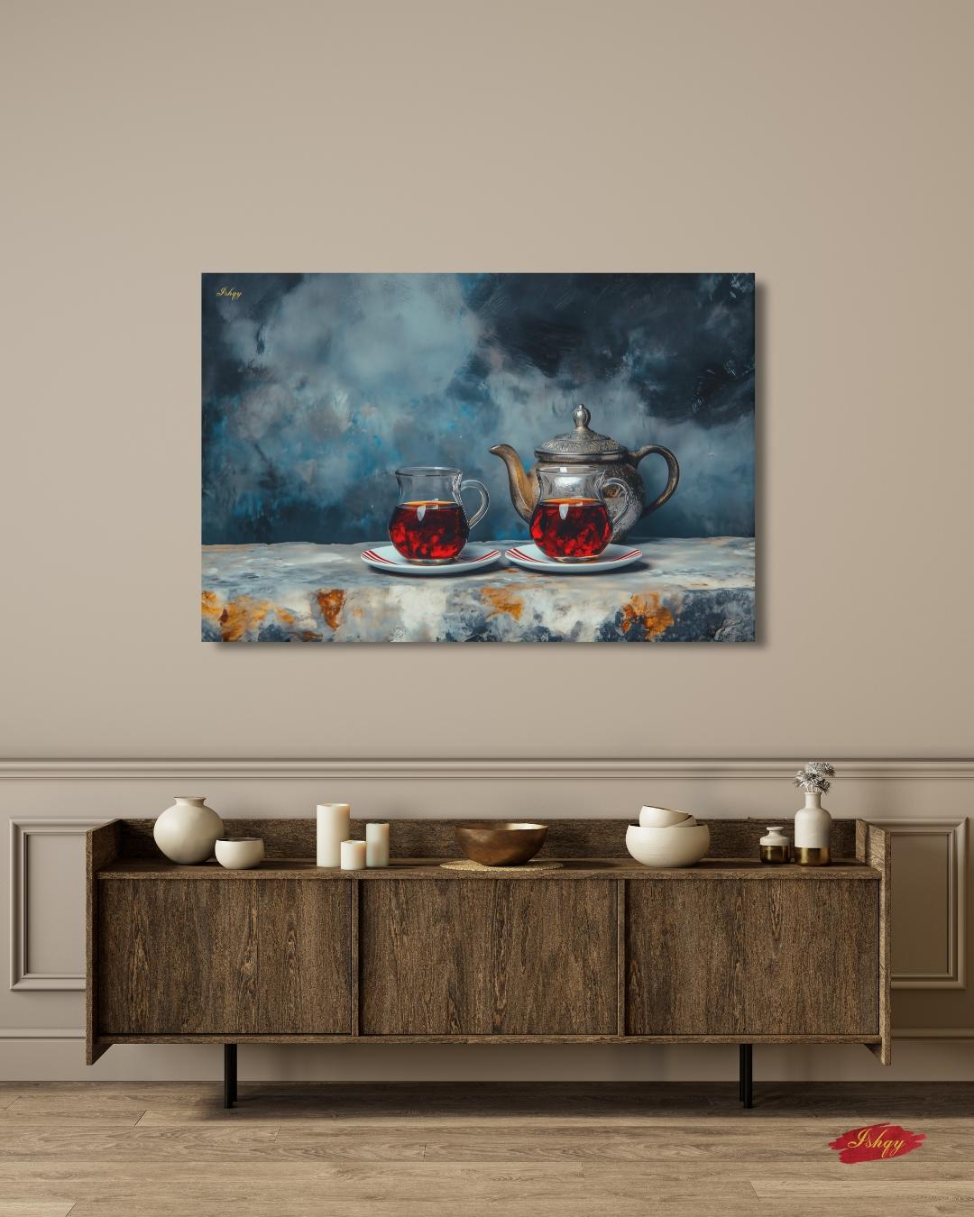 Turkish Tea Wall Art, Middle Eastern Tea Painting Print, Istanbul Still Life Canvas, Moroccan Teapot Art, Kitchen Decor, Cultural Home Art