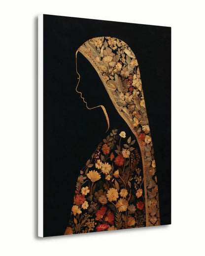 Chadar Kashmiri woman wall art print. Canvas & framed canvas. Sozni embroidery-inspired, honoring Kashmiri culture with timeless elegance.