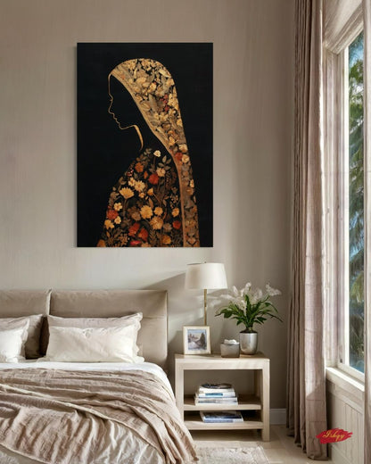 Chadar Kashmiri woman wall art print. Canvas & framed canvas. Sozni embroidery-inspired, honoring Kashmiri culture with timeless elegance.