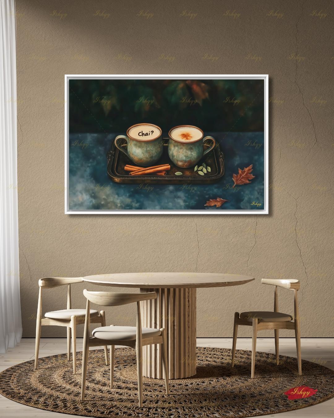 Chai Tea Wall Art, Indian Masala Chai Canvas Print, Cozy Dark Moody Kitchen Decor, Autumn Tea Lover Housewarming Framed Canvas Gift