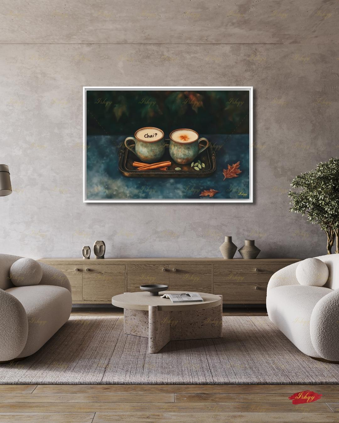 Chai Tea Wall Art, Indian Masala Chai Canvas Print, Cozy Dark Moody Kitchen Decor, Autumn Tea Lover Housewarming Framed Canvas Gift