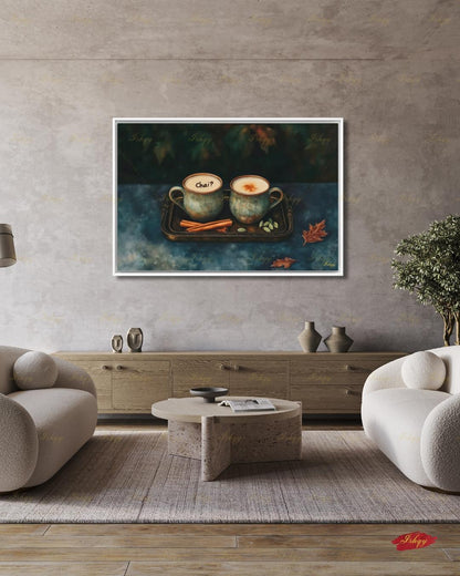 Chai Tea Wall Art, Indian Masala Chai Canvas Print, Cozy Dark Moody Kitchen Decor, Autumn Tea Lover Housewarming Framed Canvas Gift