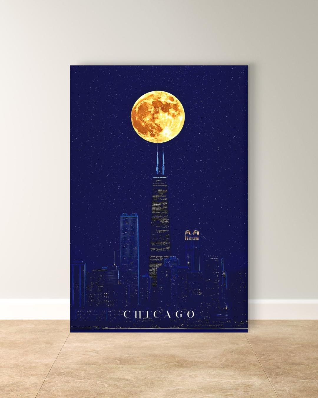 Chicago Wall Art, Willis Tower Full Moon Canvas Print, Dark Navy Night Skyline Decor, Moody City Art, Chicago Housewarming Framed Canvas