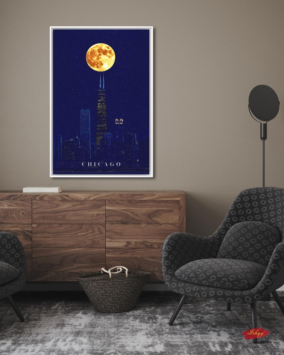 Chicago Wall Art, Willis Tower Full Moon Canvas Print, Dark Navy Night Skyline Decor, Moody City Art, Chicago Housewarming Framed Canvas