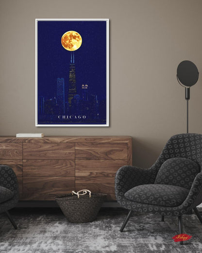 Chicago Wall Art, Willis Tower Full Moon Canvas Print, Dark Navy Night Skyline Decor, Moody City Art, Chicago Housewarming Framed Canvas