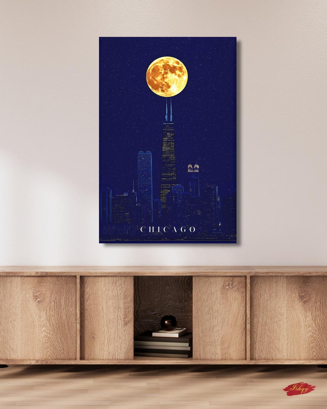 Chicago Wall Art, Willis Tower Full Moon Canvas Print, Dark Navy Night Skyline Decor, Moody City Art, Chicago Housewarming Framed Canvas