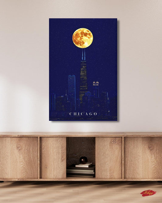 Chicago Wall Art, Willis Tower Full Moon Canvas Print, Dark Navy Night Skyline Decor, Moody City Art, Chicago Housewarming Framed Canvas