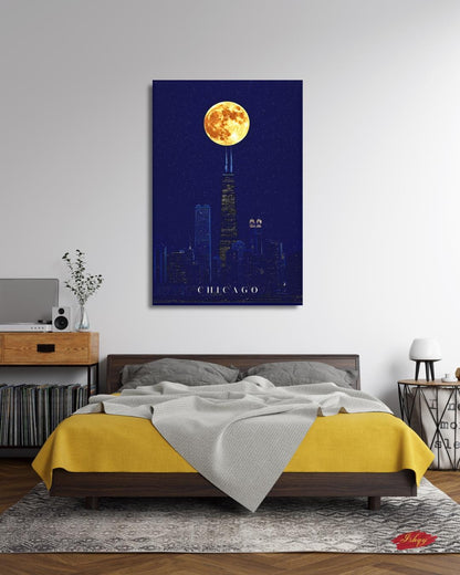 Chicago Wall Art, Willis Tower Full Moon Canvas Print, Dark Navy Night Skyline Decor, Moody City Art, Chicago Housewarming Framed Canvas