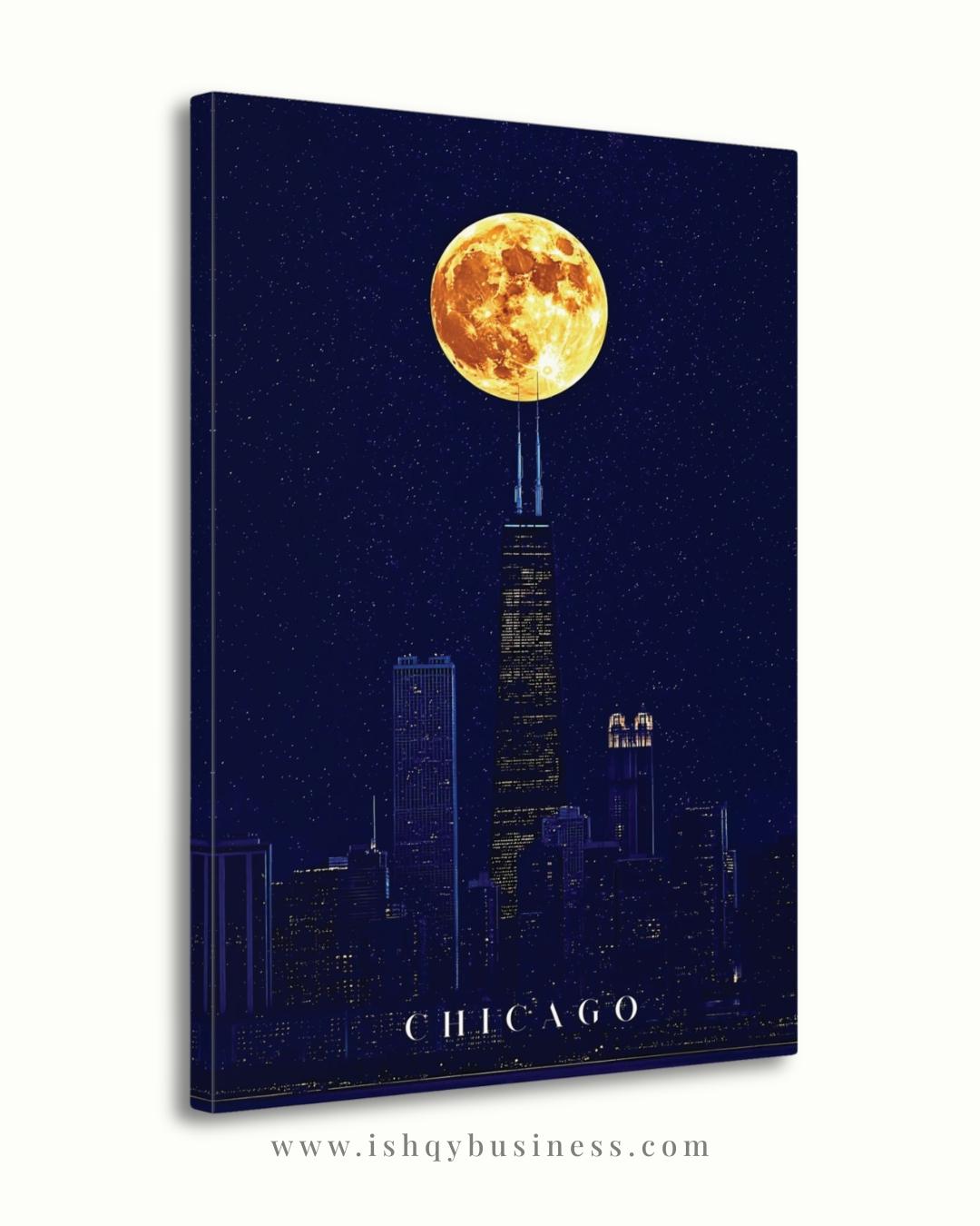 Chicago Wall Art, Willis Tower Full Moon Canvas Print, Dark Navy Night Skyline Decor, Moody City Art, Chicago Housewarming Framed Canvas
