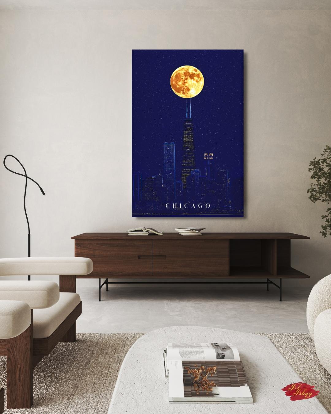 Chicago Wall Art, Willis Tower Full Moon Canvas Print, Dark Navy Night Skyline Decor, Moody City Art, Chicago Housewarming Framed Canvas
