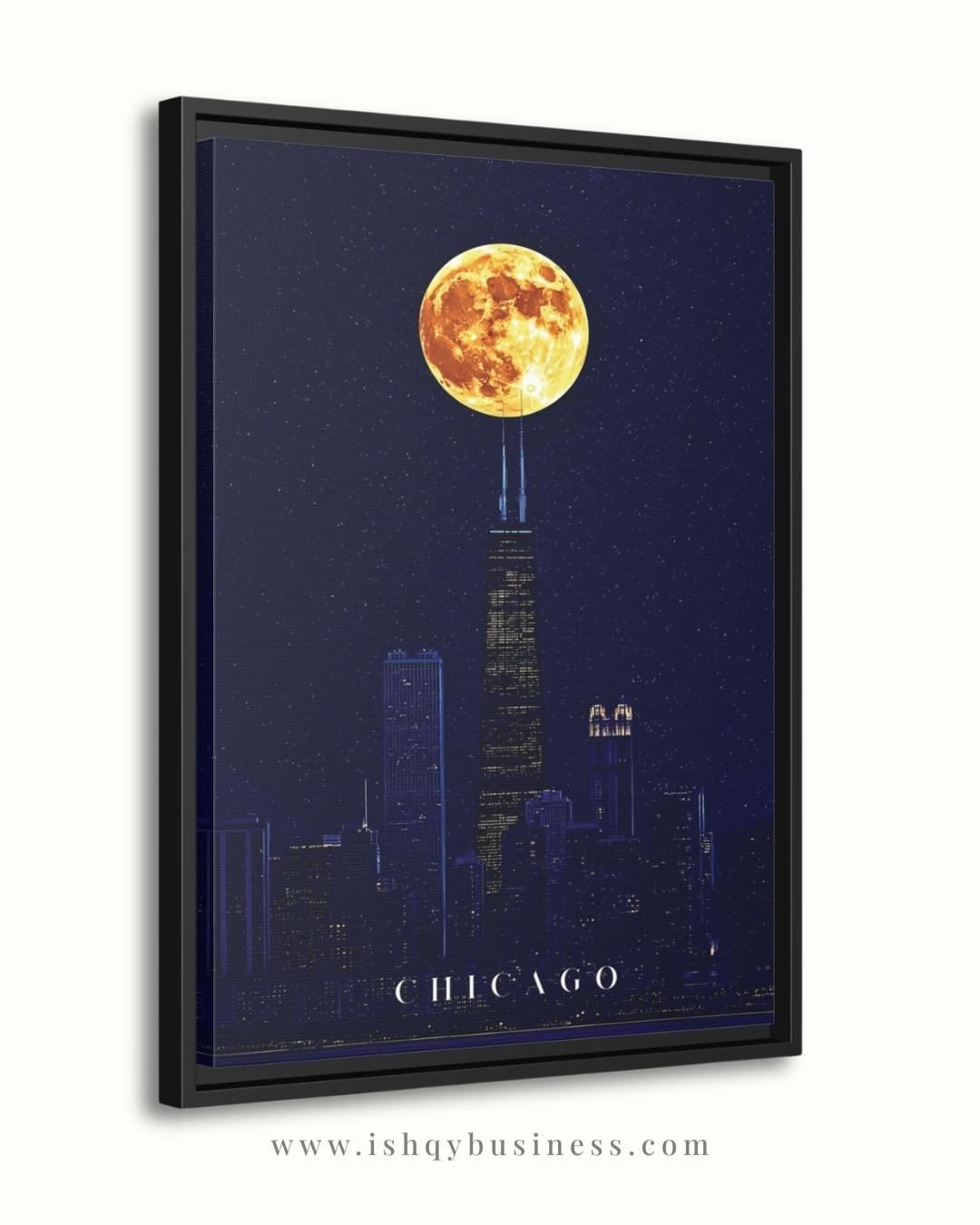 Chicago Wall Art, Willis Tower Full Moon Canvas Print, Dark Navy Night Skyline Decor, Moody City Art, Chicago Housewarming Framed Canvas