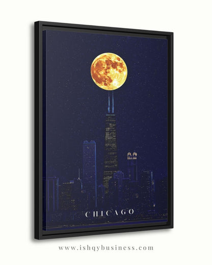 Chicago Wall Art, Willis Tower Full Moon Canvas Print, Dark Navy Night Skyline Decor, Moody City Art, Chicago Housewarming Framed Canvas