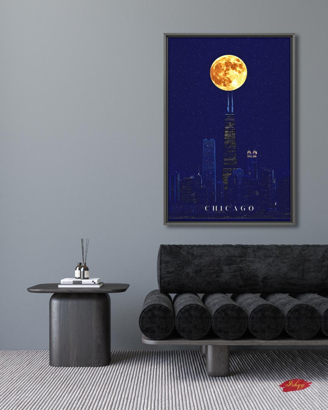 Chicago Wall Art, Willis Tower Full Moon Canvas Print, Dark Navy Night Skyline Decor, Moody City Art, Chicago Housewarming Framed Canvas