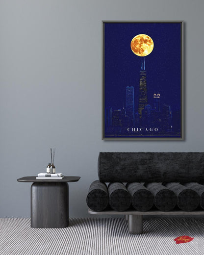 Chicago Wall Art, Willis Tower Full Moon Canvas Print, Dark Navy Night Skyline Decor, Moody City Art, Chicago Housewarming Framed Canvas