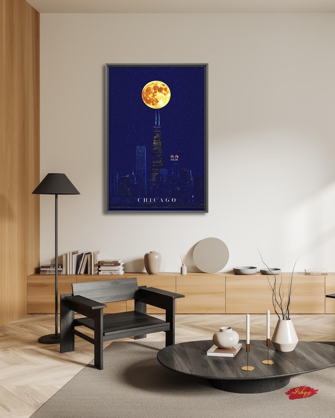 Chicago Wall Art, Willis Tower Full Moon Canvas Print, Dark Navy Night Skyline Decor, Moody City Art, Chicago Housewarming Framed Canvas