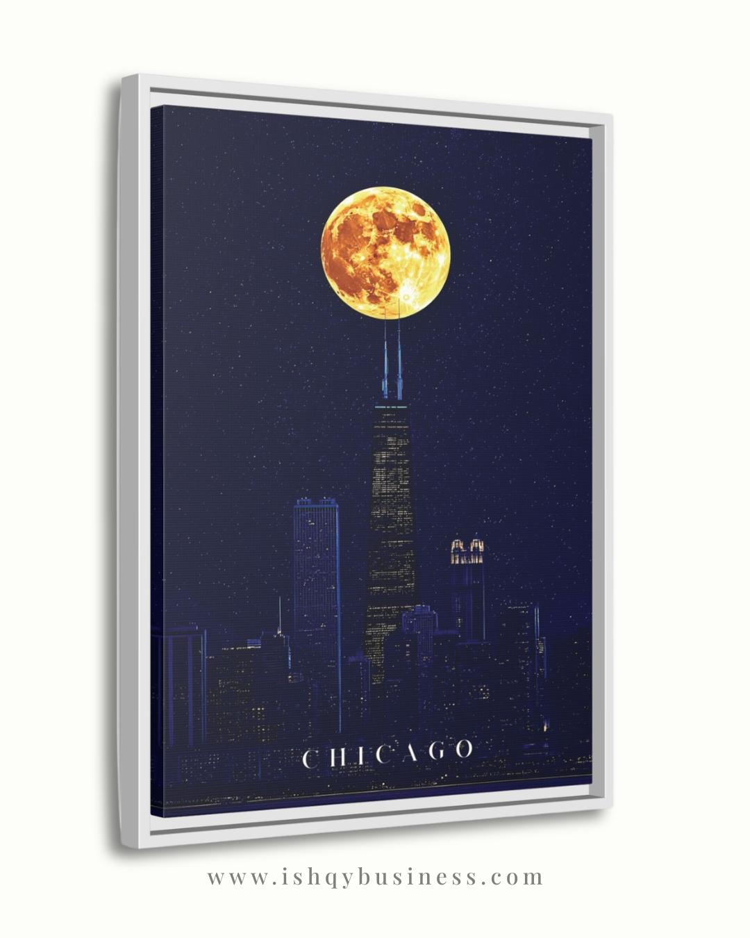 Chicago Wall Art, Willis Tower Full Moon Canvas Print, Dark Navy Night Skyline Decor, Moody City Art, Chicago Housewarming Framed Canvas
