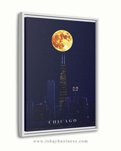 Chicago Wall Art, Willis Tower Full Moon Canvas Print, Dark Navy Night Skyline Decor, Moody City Art, Chicago Housewarming Framed Canvas