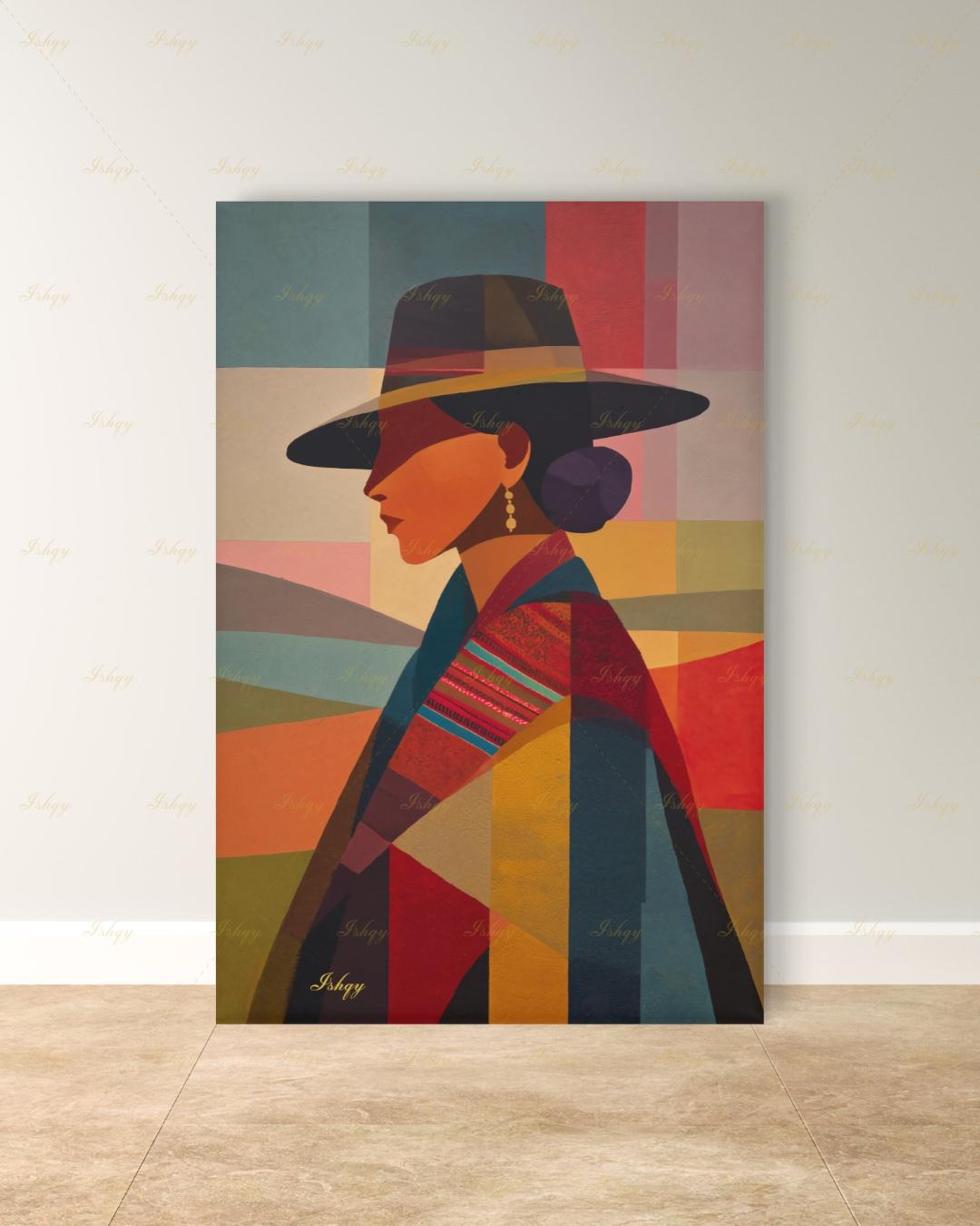 Andean Cholita Wall Art, Bolivian Woman Canvas Print, Color Block Folk Textile Portrait, Boho Decor, Large Statement Framed Canvas Home Gift