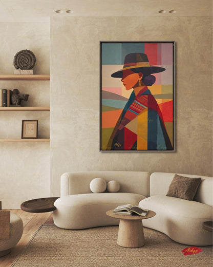 Andean Cholita Wall Art, Bolivian Woman Canvas Print, Color Block Folk Textile Portrait, Boho Decor, Large Statement Framed Canvas Home Gift