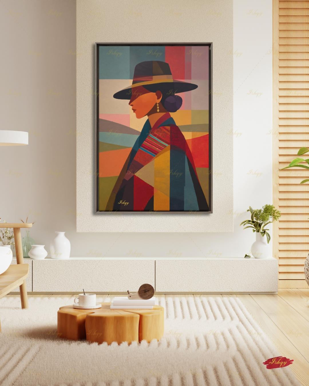 Andean Cholita Wall Art, Bolivian Woman Canvas Print, Color Block Folk Textile Portrait, Boho Decor, Large Statement Framed Canvas Home Gift