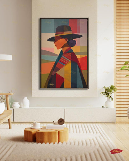 Andean Cholita Wall Art, Bolivian Woman Canvas Print, Color Block Folk Textile Portrait, Boho Decor, Large Statement Framed Canvas Home Gift