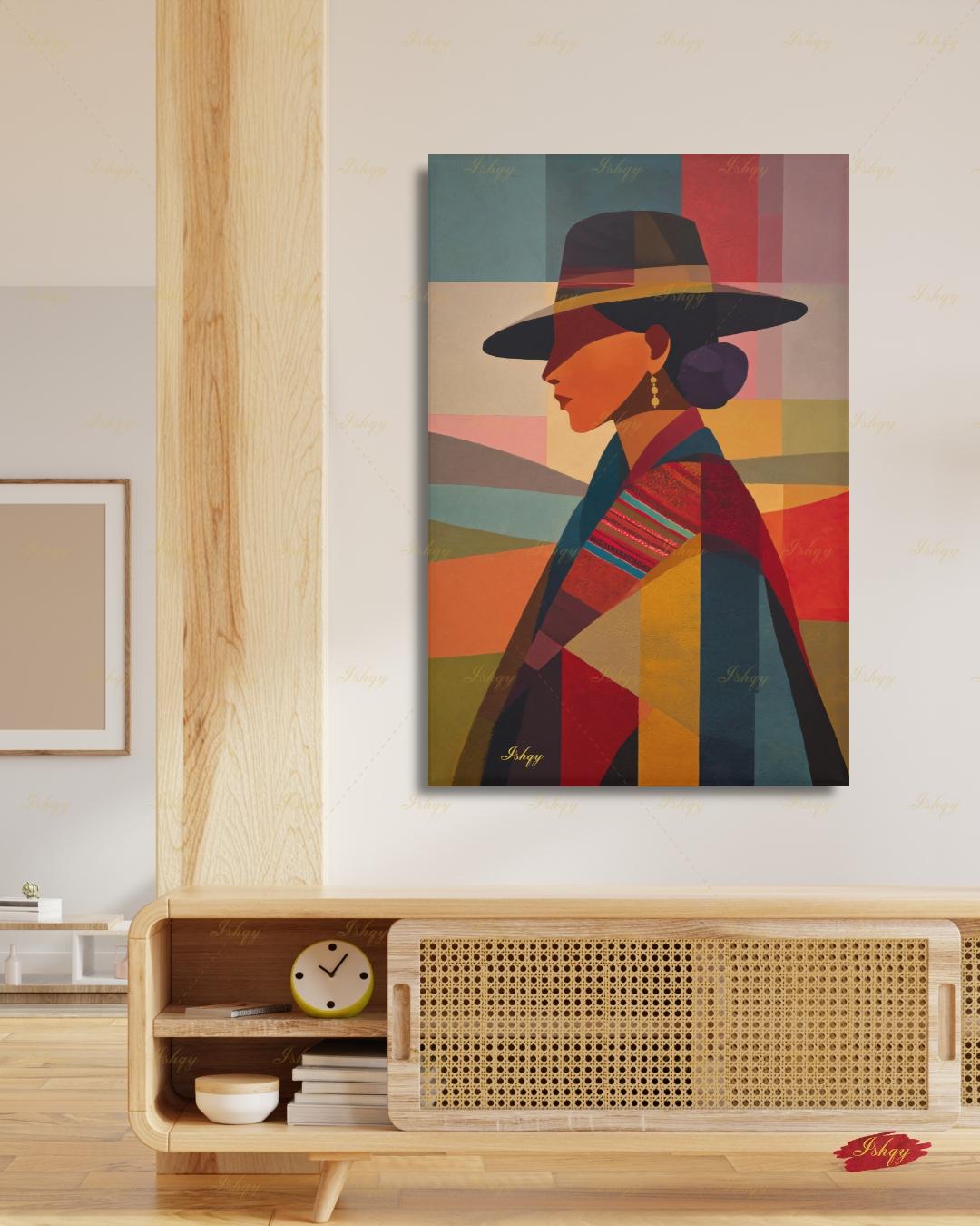 Andean Cholita Wall Art, Bolivian Woman Canvas Print, Color Block Folk Textile Portrait, Boho Decor, Large Statement Framed Canvas Home Gift