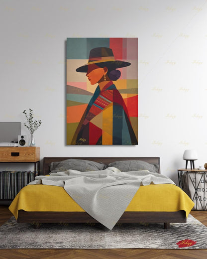 Andean Cholita Wall Art, Bolivian Woman Canvas Print, Color Block Folk Textile Portrait, Boho Decor, Large Statement Framed Canvas Home Gift