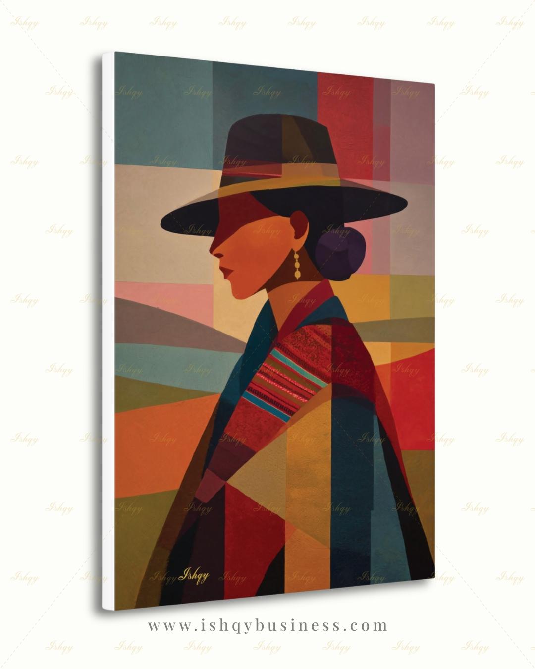 Andean Cholita Wall Art, Bolivian Woman Canvas Print, Color Block Folk Textile Portrait, Boho Decor, Large Statement Framed Canvas Home Gift