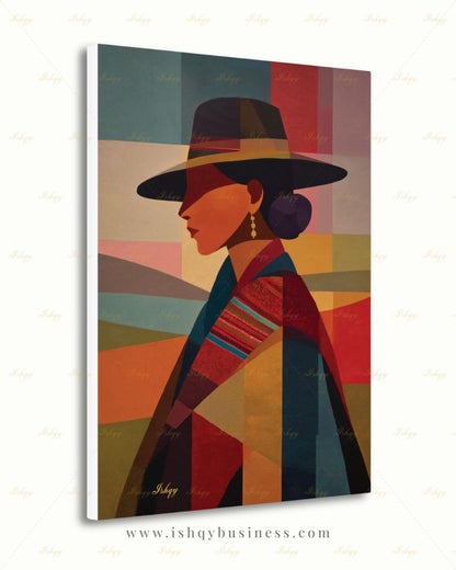 Andean Cholita Wall Art, Bolivian Woman Canvas Print, Color Block Folk Textile Portrait, Boho Decor, Large Statement Framed Canvas Home Gift