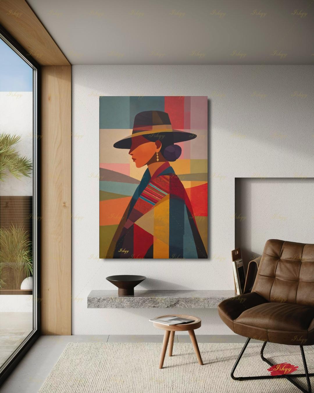 Andean Cholita Wall Art, Bolivian Woman Canvas Print, Color Block Folk Textile Portrait, Boho Decor, Large Statement Framed Canvas Home Gift