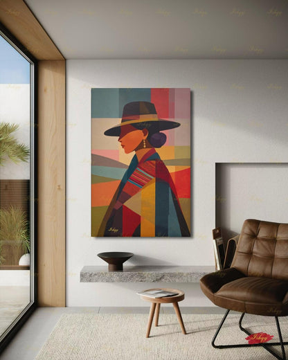 Andean Cholita Wall Art, Bolivian Woman Canvas Print, Color Block Folk Textile Portrait, Boho Decor, Large Statement Framed Canvas Home Gift