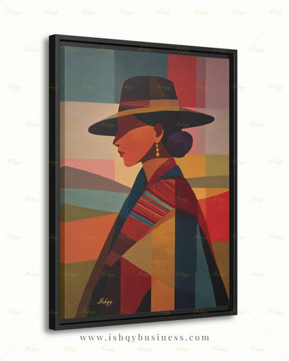 Andean Cholita Wall Art, Bolivian Woman Canvas Print, Color Block Folk Textile Portrait, Boho Decor, Large Statement Framed Canvas Home Gift
