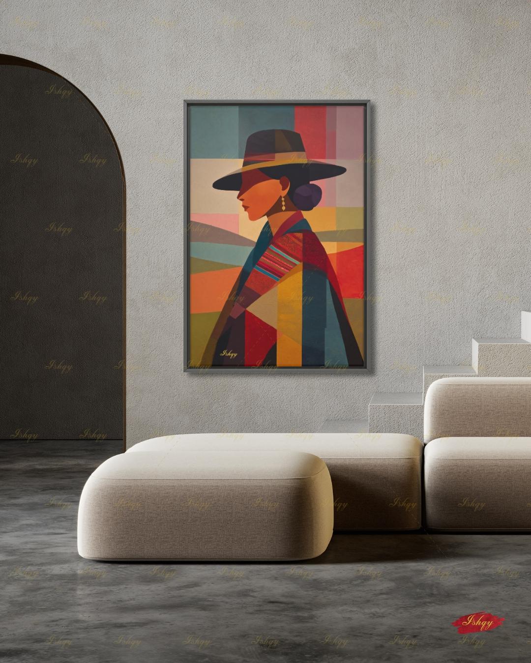 Andean Cholita Wall Art, Bolivian Woman Canvas Print, Color Block Folk Textile Portrait, Boho Decor, Large Statement Framed Canvas Home Gift