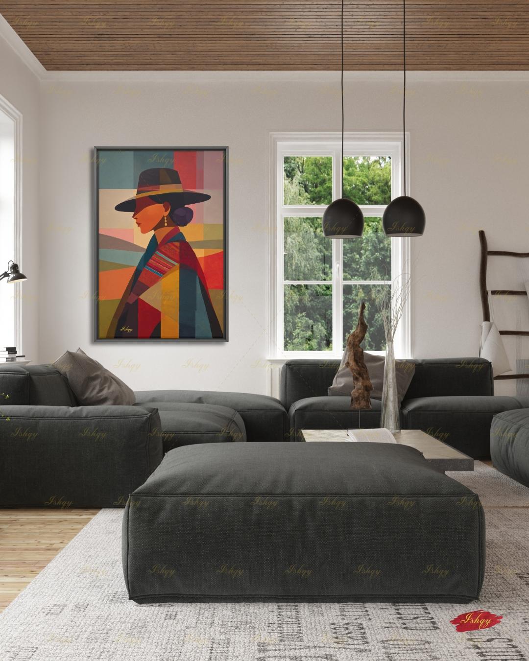 Andean Cholita Wall Art, Bolivian Woman Canvas Print, Color Block Folk Textile Portrait, Boho Decor, Large Statement Framed Canvas Home Gift