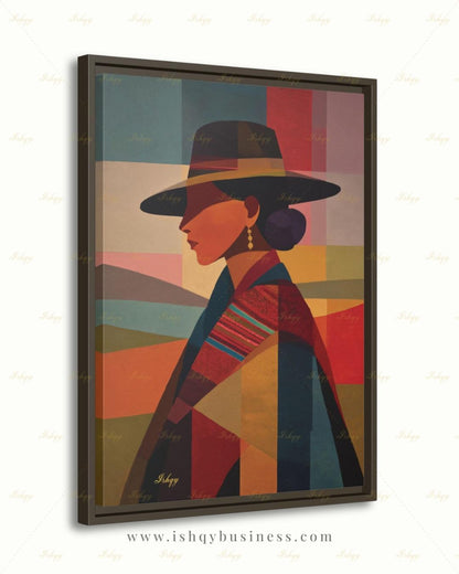 Andean Cholita Wall Art, Bolivian Woman Canvas Print, Color Block Folk Textile Portrait, Boho Decor, Large Statement Framed Canvas Home Gift