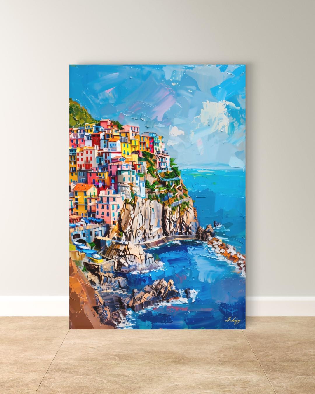 Cinque Terre Italy Canvas Wall Art, Manarola Coastal Village Framed Canvas Print, Colorful Italian Riviera Seascape Painting, Living Room Decor