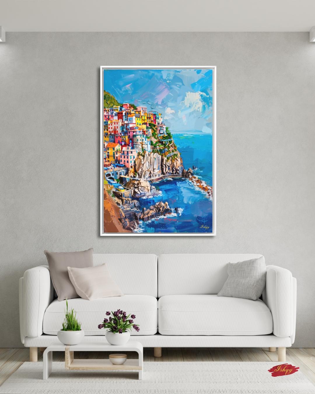 Cinque Terre Italy Canvas Wall Art, Manarola Coastal Village Framed Canvas Print, Colorful Italian Riviera Seascape Painting, Living Room Decor