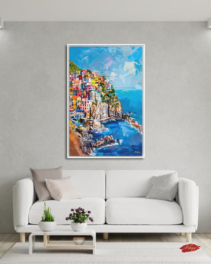 Cinque Terre Italy Canvas Wall Art, Manarola Coastal Village Framed Canvas Print, Colorful Italian Riviera Seascape Painting, Living Room Decor