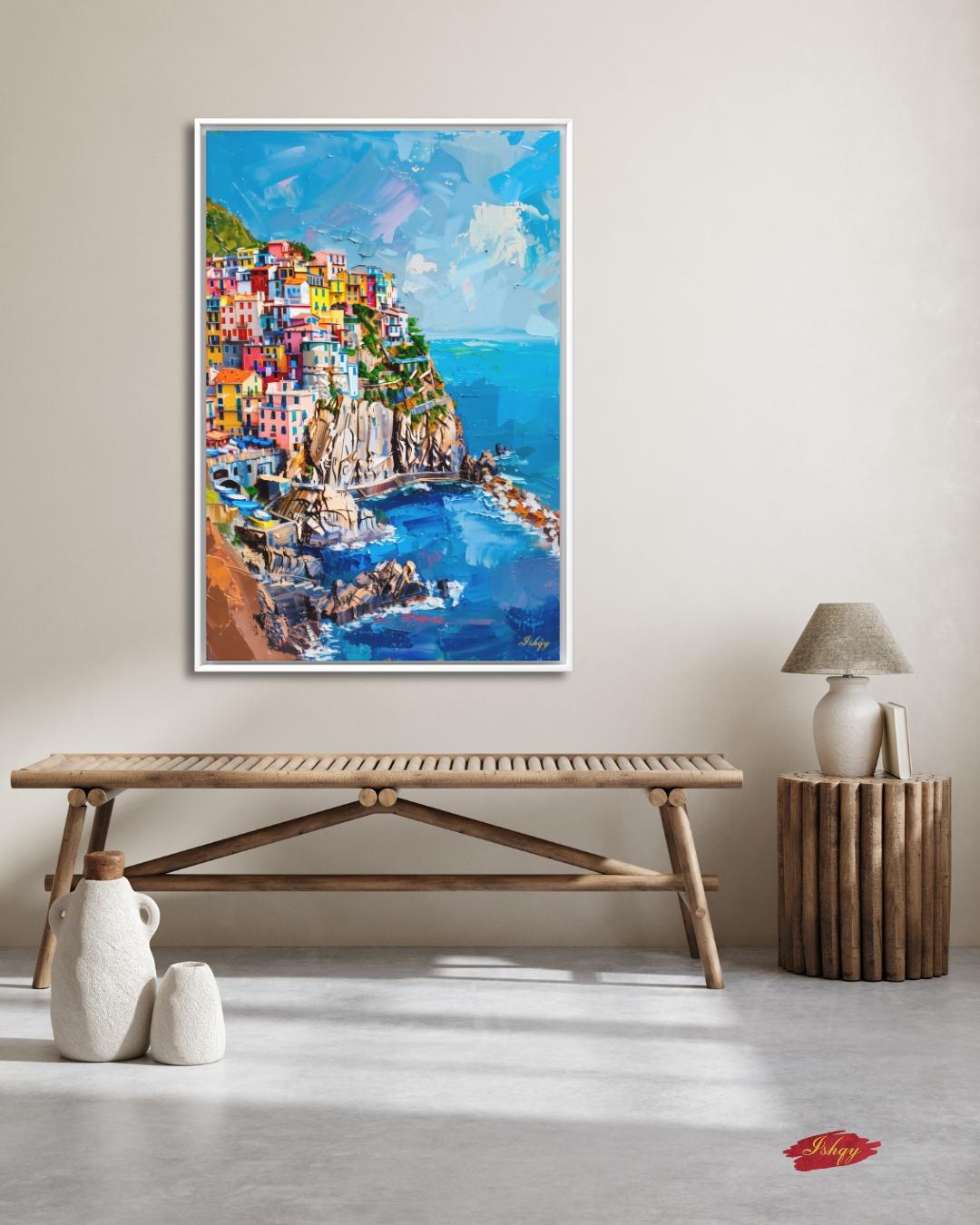 Cinque Terre Italy Canvas Wall Art, Manarola Coastal Village Framed Canvas Print, Colorful Italian Riviera Seascape Painting, Living Room Decor