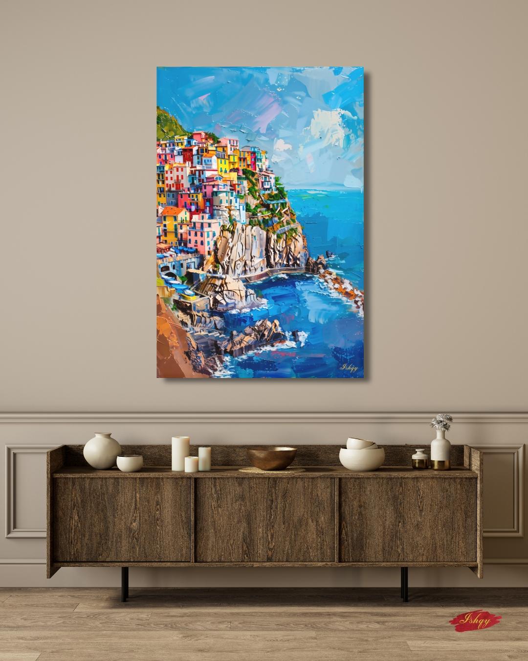 Cinque Terre Italy Canvas Wall Art, Manarola Coastal Village Framed Canvas Print, Colorful Italian Riviera Seascape Painting, Living Room Decor