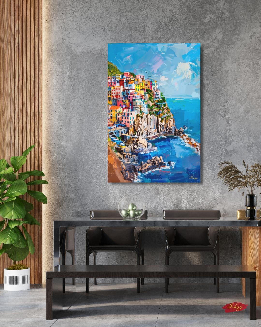 Cinque Terre Italy Canvas Wall Art, Manarola Coastal Village Framed Canvas Print, Colorful Italian Riviera Seascape Painting, Living Room Decor