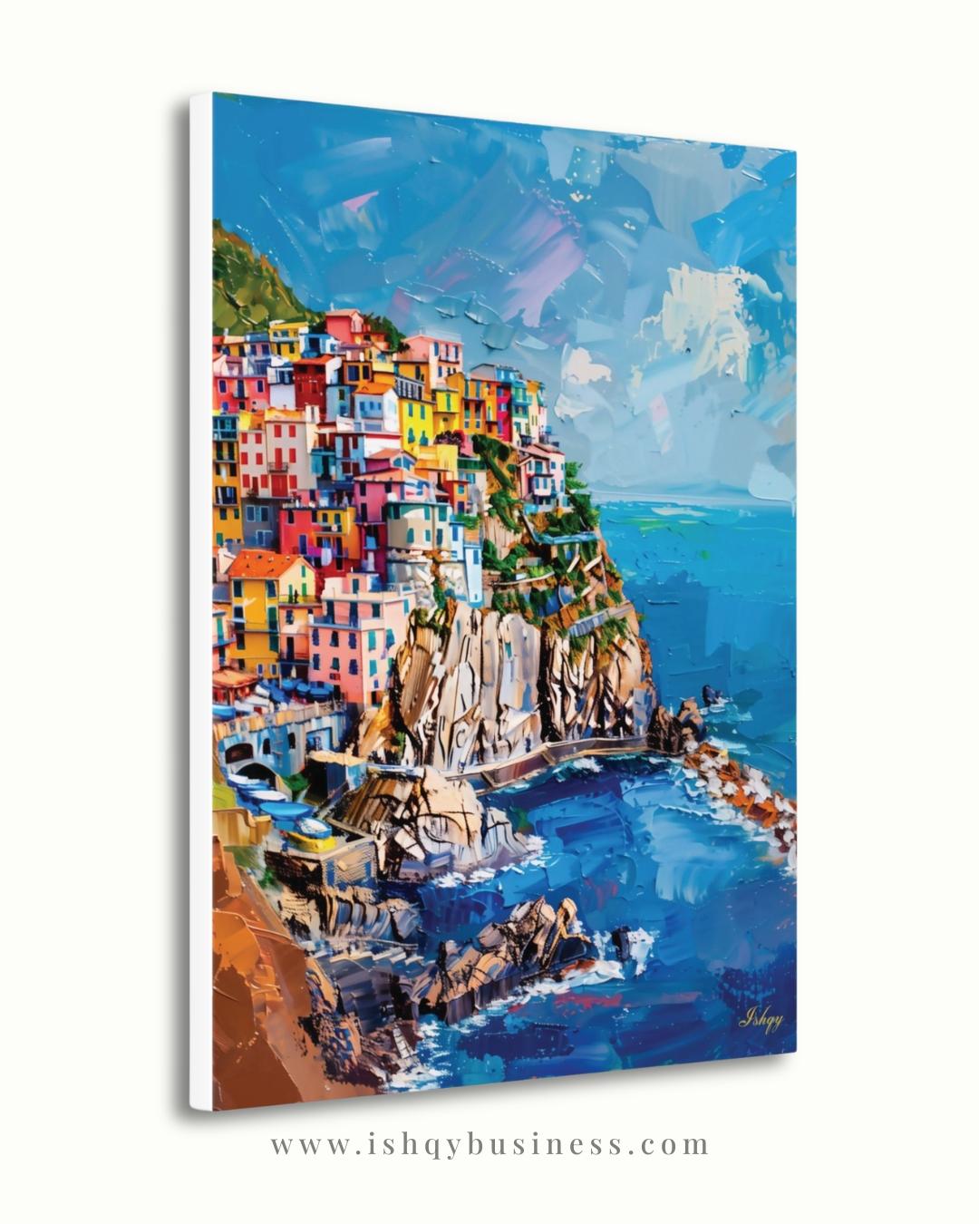 Cinque Terre Italy Canvas Wall Art, Manarola Coastal Village Framed Canvas Print, Colorful Italian Riviera Seascape Painting, Living Room Decor